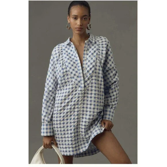 Anthropologie Long Sleeve Collared Popover Mini Dress Sz XL Blue NWT - Picture 1 of 5